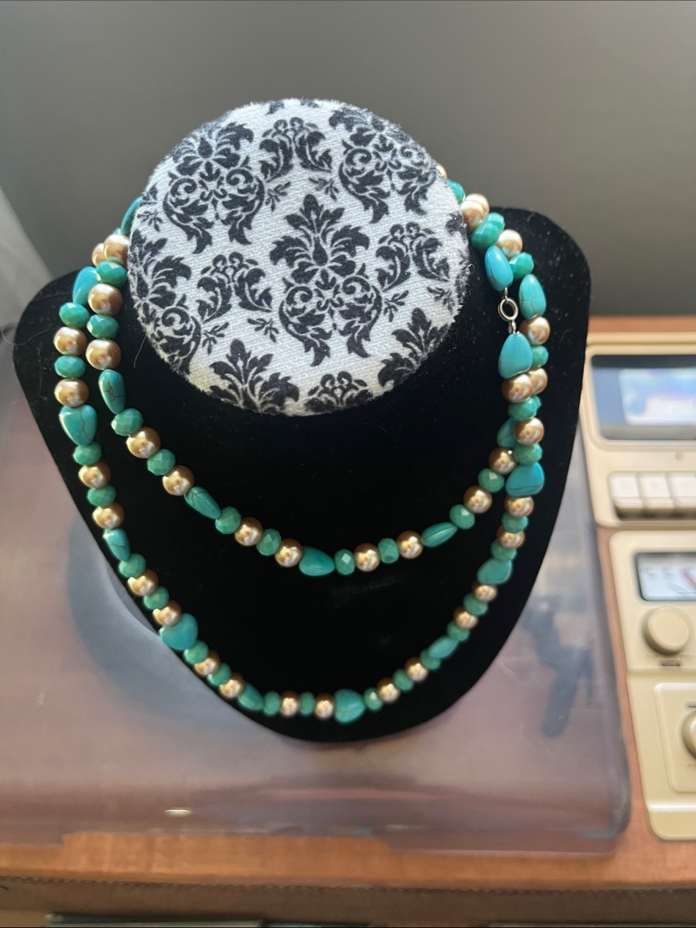 Turquoise Bead and Gold Pearl Two-Strand Necklace costume jewelry handmade ❤️